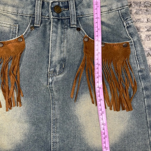 Denim Fringe Skirt with Brown Accents - Picture 5 of 8